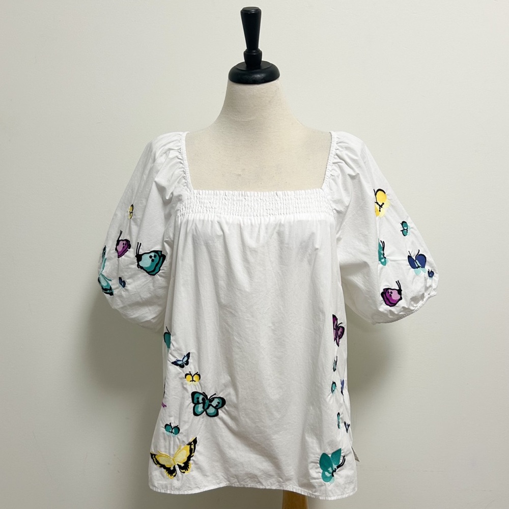 Talbots White Embroidered Butterflies Square Neck Elbow Puff Sleeve Poplin Top